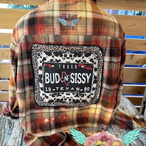Upcycled Flannel Shirt with Bud N Siss Truck Patch, Sustainable Clothing