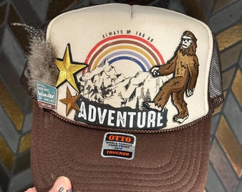 Always up for an Adventure, Outdoor Lover Trucker Hat, Nature Lover Hat, Bigfoot Hat, Mesh Trucker Hat, Patch Hat, Wanderlust Hat, Hiker Hat