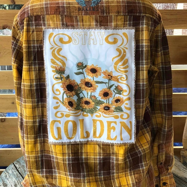 Stay Golden Sunflower Custom Patch Flannel, Sustainable Clothing, Thrifted Clothing, Upcycled Shirt, Distressed Oversized Flannel