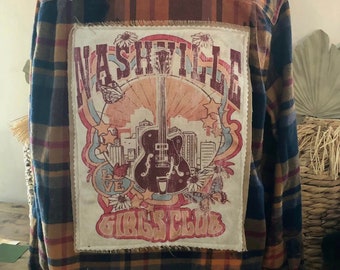 Nashville Girls Club Custom Patch Flannel, Sustainable Clothing, Thrifted Clothing, Upcycled Shirt, Distressed Oversized Flannel
