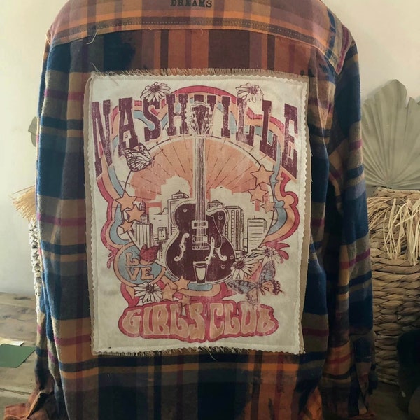 Nashville Girls Club Custom Patch Flannel, Sustainable Clothing, Thrifted Clothing, Upcycled Shirt, Distressed Oversized Flannel