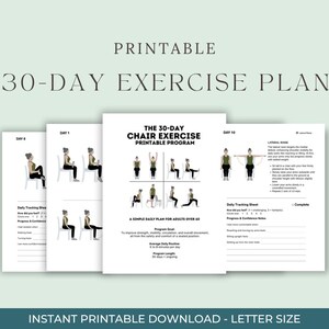 K&ouml;nnte beinhalten: Ein druckbarer 30-Tage-Stuhl&uuml;bungsplan mit Illustrationen von &Uuml;bungen. Der Plan enth&auml;lt ein t&auml;gliches Tracking-Sheet und Anweisungen. Der Text auf dem Plan lautet "The 30-Day Chair Exercise Printable Program" und "Instant Printable Download - Letter Size."