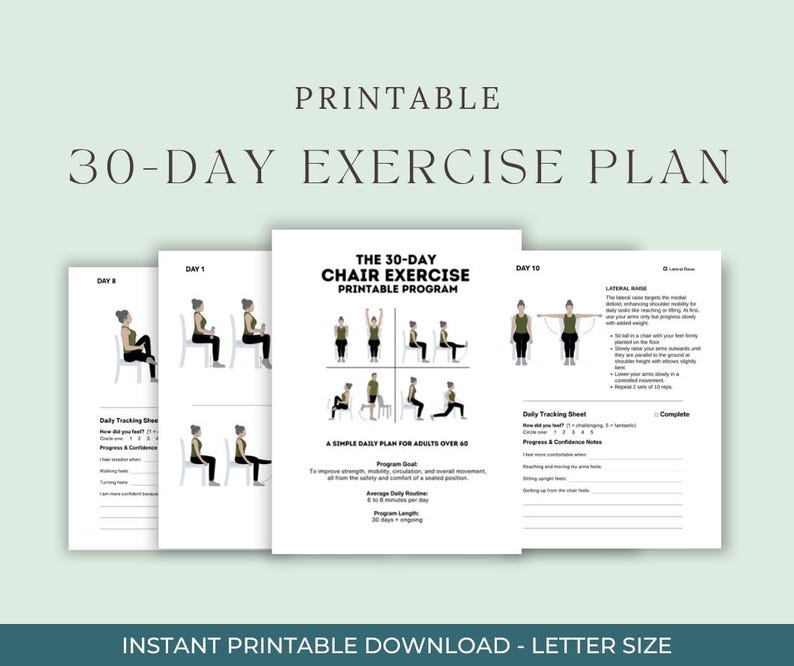 K&ouml;nnte beinhalten: Ein druckbarer 30-Tage-Stuhl&uuml;bungsplan mit Illustrationen von &Uuml;bungen. Der Plan enth&auml;lt ein t&auml;gliches Tracking-Sheet und Anweisungen. Der Text auf dem Plan lautet "The 30-Day Chair Exercise Printable Program" und "Instant Printable Download - Letter Size."