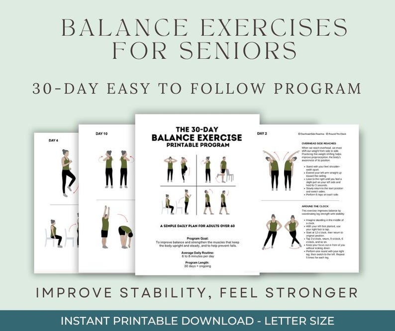 Balance Exercise Printable Program for Seniors over 60, 30-Day Fitness Workout Plan, Large Print, 6-8 minutes a day, helps prevents falls. image 2