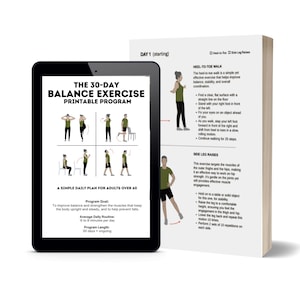 Balance Exercise Printable Program for Seniors over 60, 30-Day Fitness Workout Plan, Large Print, 6-8 minutes a day, helps prevents falls. image 1