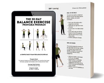Gleichgewichtsübung druckbares Programm für Senioren über 60, 30-Tage-Fitnesstrainingsplan, Großdruck, 6-8 Minuten am Tag, hilft, Stürze zu vermeiden.