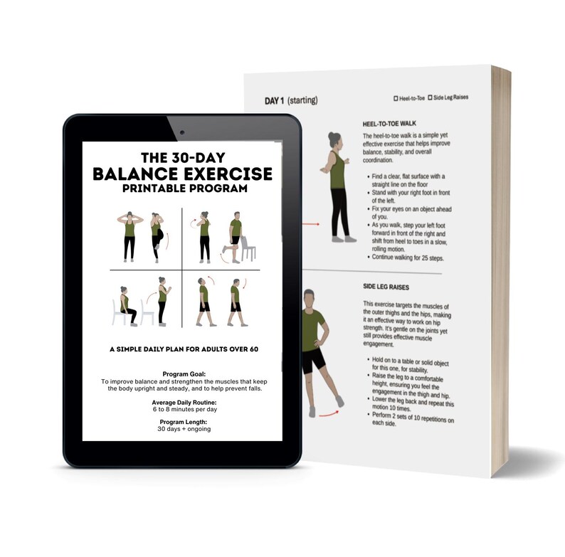 Balance Exercise Printable Program for Seniors over 60, 30-Day Fitness Workout Plan, Large Print, 6-8 minutes a day, helps prevents falls. image 1