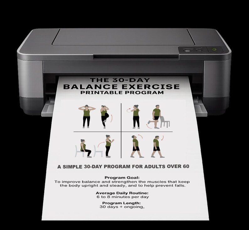 Balance Exercise Printable Program for Seniors over 60, 30-Day Fitness Workout Plan, Large Print, 6-8 minutes a day, helps prevents falls. image 3