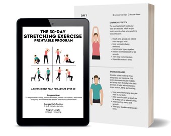 30-Day Stretching Exercise Printable Program for Seniors, Daily Flexibility Plan for Adults 60+, Gentle Home Workout Routine downloadable