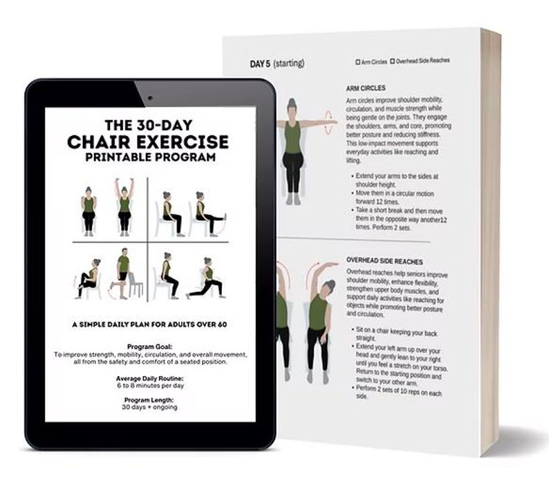 K&ouml;nnte beinhalten: Ein digitales Tablet zeigt "The 30-Day Chair Exercise Printable Program" mit &Uuml;bungsillustrationen. Eine gedruckte Seite beschreibt Armkreisen und seitliche &Uuml;berkopf-Dehnungen. Das Programm ist f&uuml;r Erwachsene &uuml;ber 60.
