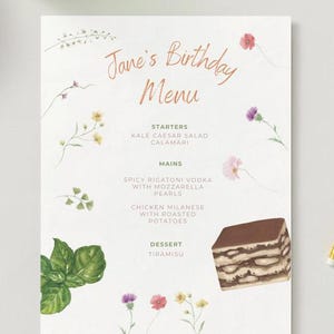 Plantilla de menú de cumpleaños editable, imprimible, para cena, con decoración pastel y flores, descarga instantánea