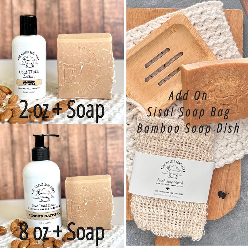Almond Oatmeal Goat Milk Lotion with sisal bag and bamboo soap dish add ons
