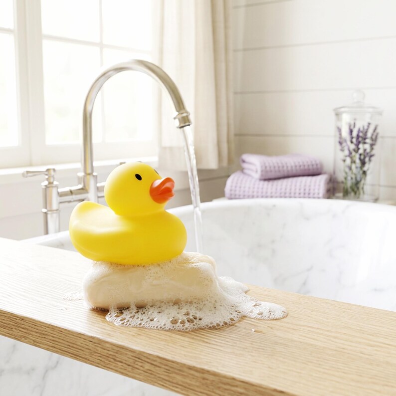 May include: A bright yellow rubber duck with an orange beak sits atop a rectangular bar of soap covered in white soap suds. The duck is positioned on a light-coloured wooden surface with water flowing from a nearby faucet onto the soap and bubbles.