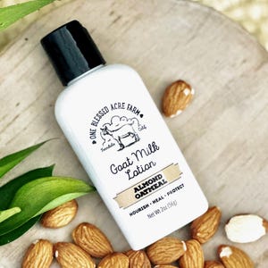 Bottle of almond oatmeal goat milk lotion formulated to moisturize dry, sensitive skin