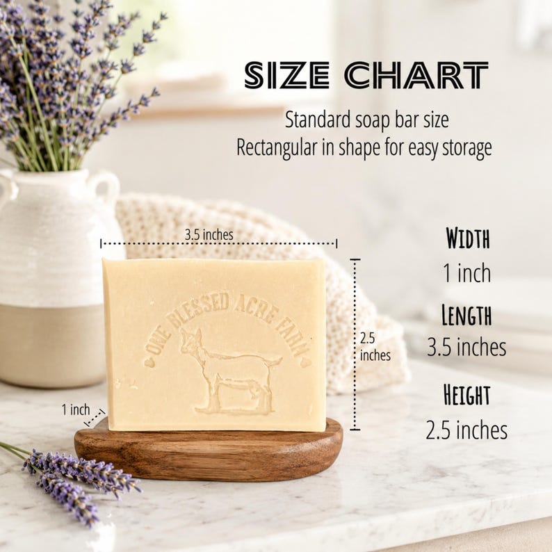 May include: A rectangular beige soap bar featuring an embossed goat and the text One Blessed Acre Farm. The soap measures 8.89 cm in length, 6.35 cm in height, and 2.54 cm in width, as indicated by the visible size chart and measurements.