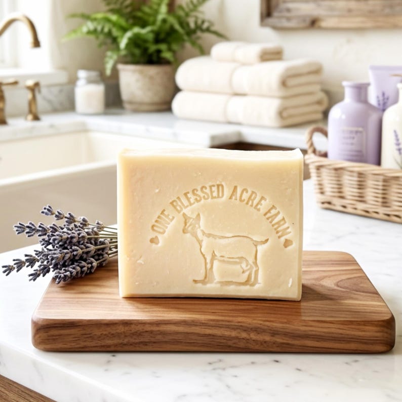 May include: A rectangular bar of off-white soap featuring an embossed design of a goat and the text "ONE BLESSED ACRE FARM" on its front surface. A small bundle of dried purple lavender sprigs rests beside the soap on a wooden board.
