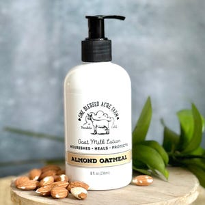 Bottle of almond oatmeal goat milk lotion formulated to moisturize dry, sensitive skin