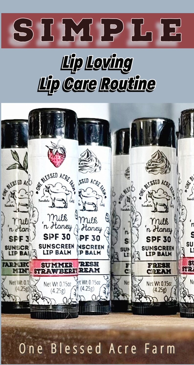 May include: A close-up of six lip balm tubes with different flavors. The tubes are black with white labels. The labels feature a goat, a strawberry, and a whipped cream design. The text on the labels reads "One Blessed Acre Farm", "Milk 'n Honey SPF 30 Sunscreen Lip Balm", "Summer Strawberry", "Fresh Cream", "Farmhouse Mint", and "Milk 'n Honey SPF 30 Sunscreen Lip Balm".