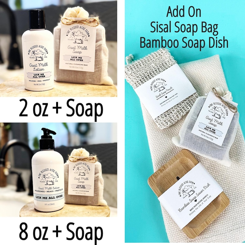 K&ouml;nnte beinhalten: Eine Auswahl an Ziegenmilch-Lotionen und Seifenprodukten. Das Bild zeigt eine 60 ml und 240 ml Lotionflasche mit schwarzer Pumpe und Verschluss sowie eine nat&uuml;rliche Reinigungsseife. Ebenfalls enthalten sind ein Sisal-Seifens&auml;ckchen und eine Bambus-Seifenschale.