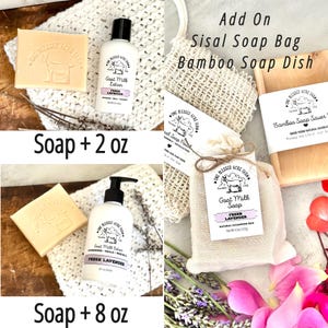 May include: A collection of goat milk soap bars, lavender lotion in 57g and 227g bottles, a sisal soap bag, and a bamboo soap dish. Labels feature the text One Blessed Acre Farm, Goat Milk Lotion, Fresh Lavender, and Bamboo Soap Saver.
