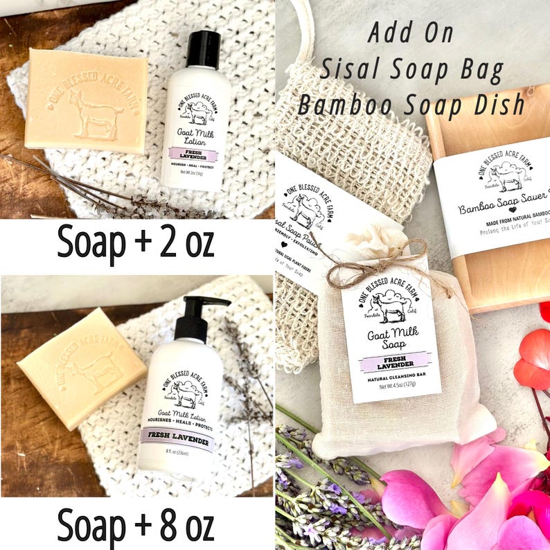 May include: A collection of goat milk soap bars, lavender lotion in 57g and 227g bottles, a sisal soap bag, and a bamboo soap dish. Labels feature the text One Blessed Acre Farm, Goat Milk Lotion, Fresh Lavender, and Bamboo Soap Saver.