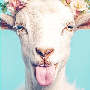 K&ouml;nnte beinhalten: Eine Ziege mit Blumenkranz und herausgestreckter Zunge, mit dem Text "LICK ME ALL OVER" oben. Darunter steht "Valentine's Day Goat Milk Lotion" und "One Blessed Acre Farm".