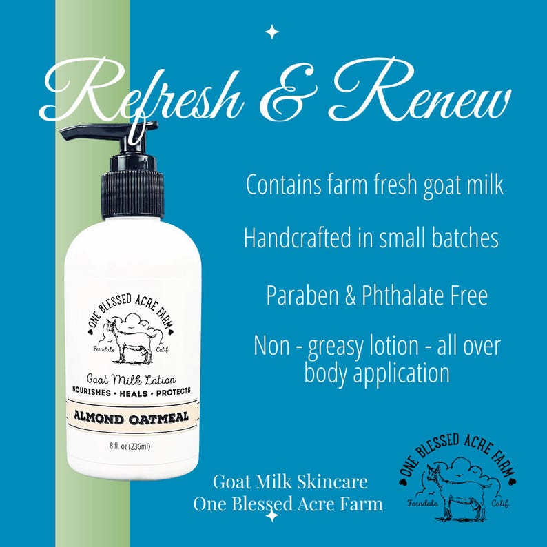 Bottle of almond oatmeal goat milk lotion formulated to moisturize dry, sensitive skin