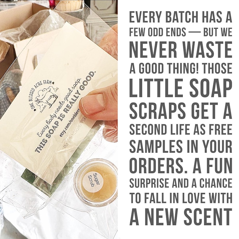 K&ouml;nnte beinhalten: Ein kleines Glas Zuckerscrub und eine Karte mit dem Text "Every body needs good soap. THIS SOAP IS REALLY GOOD." Der Text auf der rechten Seite lautet "EVERY BATCH HAS A FEW ODD ENDS - BUT WE NEVER WASTE A GOOD THING!"