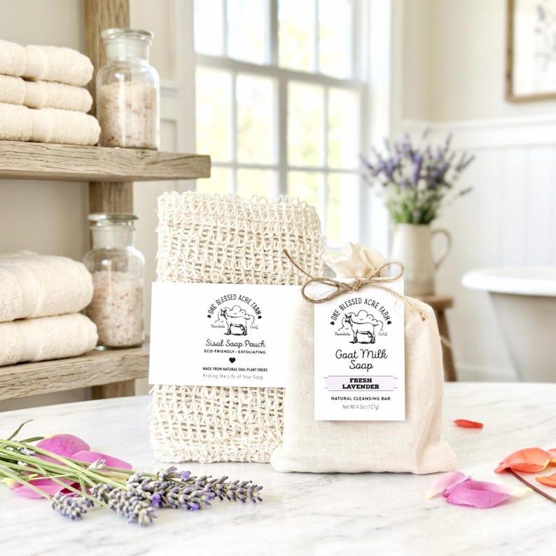 May include: A beige sisal soap pouch and a small fabric bag containing a goat milk soap bar. The pouch label reads One Blessed Acre Farm Sisal Soap Pouch. The bag label reads One Blessed Acre Farm Goat Milk Soap Fresh Lavender Net Wt 113g.