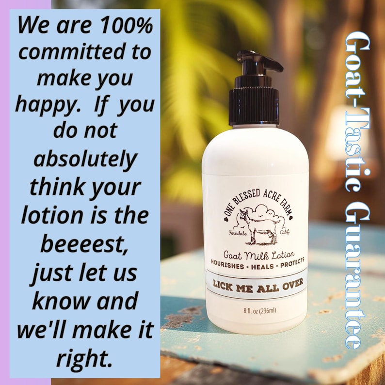 K&ouml;nnte beinhalten: Eine wei&szlig;e Lotionflasche mit einem schwarzen Pumpspender. Auf dem Etikett steht "One Blessed Acre Farm" und "Goat Milk Lotion". Der Text "LICK ME ALL OVER" steht unter dem Produktnamen. Die Flasche enth&auml;lt 236 ml Lotion. Auf der linken Seite steht "Wir sind zu 100 % bestrebt, Sie gl&uuml;cklich zu machen."