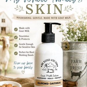 Pu&ograve; includere: Un flacone in plastica bianca di lozione al latte di capra Almond Oatmeal di One Blessed Acre Farm con erogatore a pompa nero. L'etichetta presenta un'illustrazione di una capra e la scritta 236 ml. Il flacone &egrave; circondato da mandorle e avena.