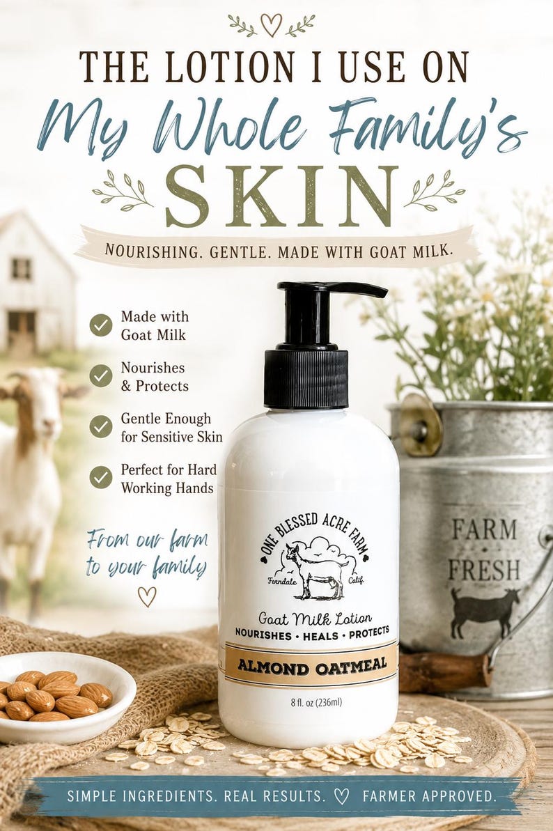 Pu&ograve; includere: Un flacone in plastica bianca di lozione al latte di capra Almond Oatmeal di One Blessed Acre Farm con erogatore a pompa nero. L'etichetta presenta un'illustrazione di una capra e la scritta 236 ml. Il flacone &egrave; circondato da mandorle e avena.