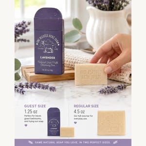 May include: A purple box labelled One Blessed Acre Farm Lavender Natural Goat Milk Cleansing Bar with a net weight of 29g next to a rectangular beige soap bar embossed with the brand name. The image also displays guest and regular size options.