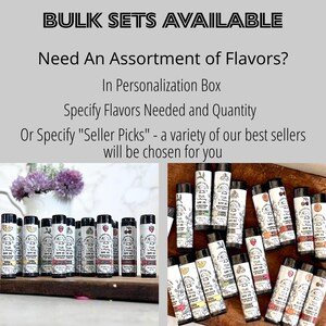 May include: A variety of lip balm tubes in different flavors, including strawberry, cherry, and lemon. The tubes are arranged in a grid pattern on a wooden surface. The text "Bulk Sets Available" is displayed at the top of the image.