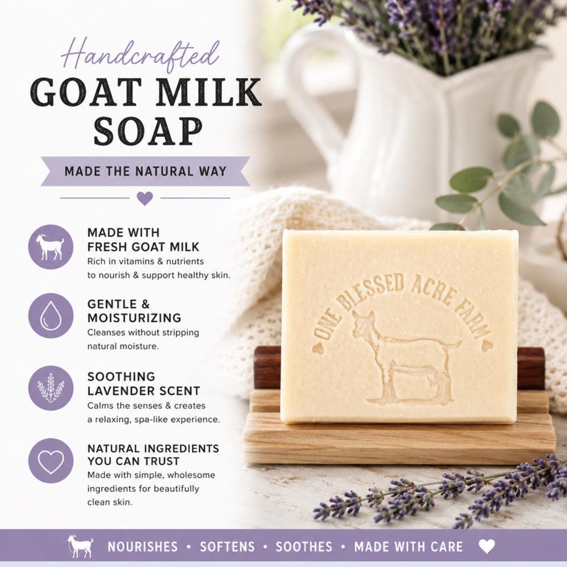 May include: A rectangular bar of off-white goat milk soap featuring an embossed goat and the text "ONE BLESSED ACRE FARM" resting on a wooden soap dish. The image includes text detailing the soap's natural ingredients and lavender scent.