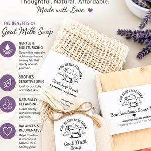May include: A gift set featuring a bar of goat milk soap in a beige drawstring bag, a sisal soap pouch, and a bamboo soap saver. The labels feature the One Blessed Acre Farm logo with a goat illustration. The soap is labelled Fresh Lavender, Net Wt 127g.
