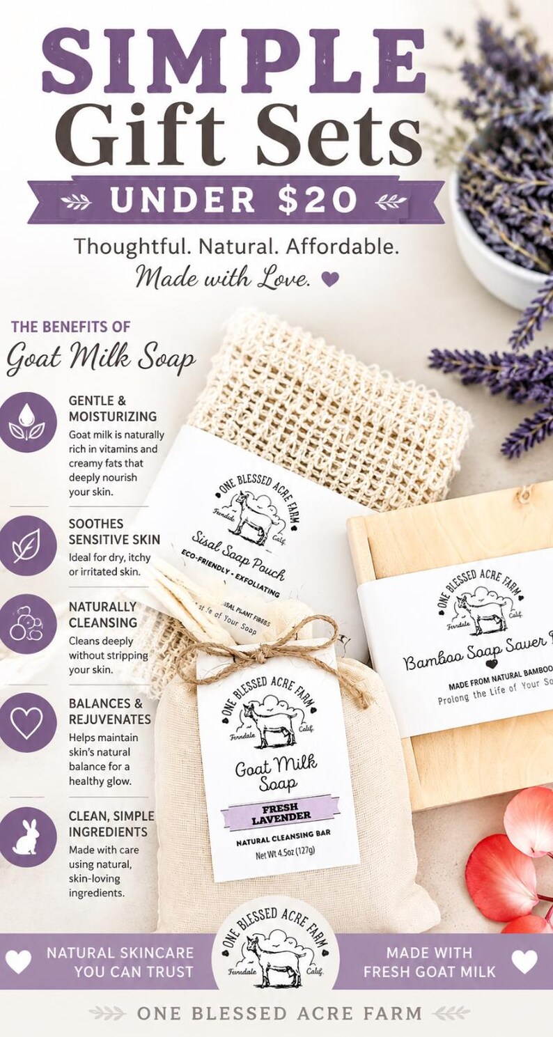 May include: A gift set featuring a bar of goat milk soap in a beige drawstring bag, a sisal soap pouch, and a bamboo soap saver. The labels feature the One Blessed Acre Farm logo with a goat illustration. The soap is labelled Fresh Lavender, Net Wt 127g.
