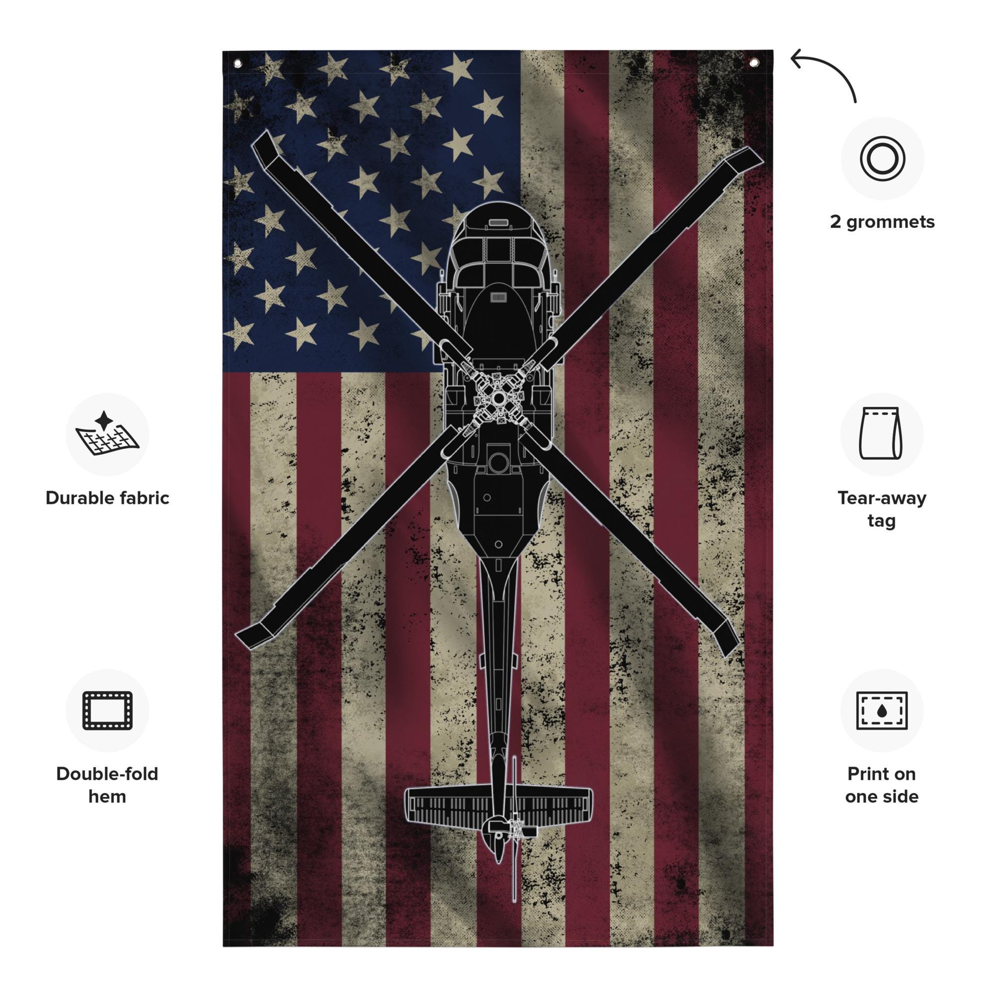 UH-60ブラックホークの旗 – 軍用ヘリコプター、退役軍人向け壁掛け