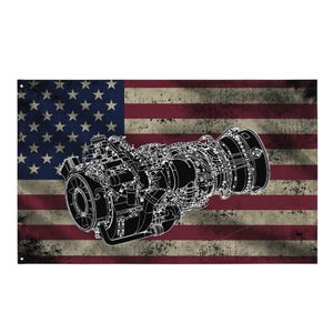 Peut inclure: Illustration technique en noir et blanc d'un moteur sur un drapeau américain vieilli. Le drapeau présente des rayures rouges et blanches et un champ bleu avec des étoiles blanches. Le moteur est très détaillé.