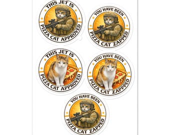 Pizza Cat Aviation Sticker Sheet – 4 Round Decals, Military Humor Maintainer Gift