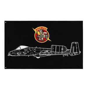May include: Black flag featuring a white outline of an A-10 Thunderbolt II aircraft. Above the aircraft is a circular emblem with a cartoon pilot holding a machine gun, the text "303 FS" and a lightning bolt.