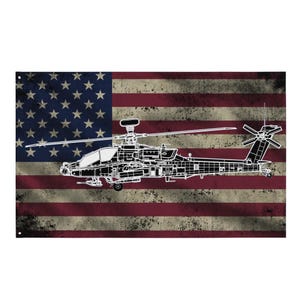 May include: A distressed American flag design featuring a white outline of a helicopter. The flag has red and white stripes with a blue field of stars. The helicopter's details are visible, including the rotor blades and body.