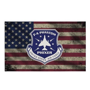 May include: A flag with a distressed American flag design. A central emblem in blue and white displays "F-4 Phantom" and "Phixer" with a jet silhouette. The words "United States Air Force" are also present on the emblem.