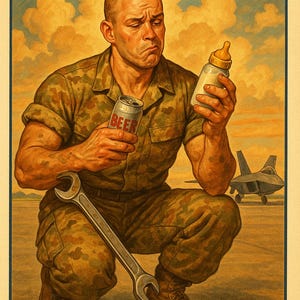 May include: A vintage-style poster with the text "DAD AND MAINTAINER" at the top and "EQUALLY SKILLED AT BOTH" at the bottom. The image depicts a man in camouflage fatigues holding a baby bottle and a can of beer, with a wrench and a jet in the background.