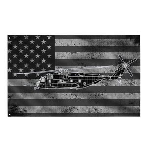 May include: A monochrome flag design featuring the Stars and Stripes, with a distressed effect. A detailed outline of a helicopter is superimposed over the flag. The flag has a grunge aesthetic, with visible wear and tear.