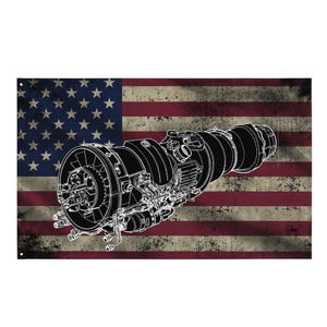 May include: A rectangular flag featuring a distressed American flag design in red, white, and blue. A detailed black and white illustration of a jet engine is superimposed over the flag, showcasing its intricate components.