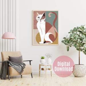 Modern abstract wall art of a stylized cat in earthy tones with geometric shapes and a minimalist mid-century modern aesthetic