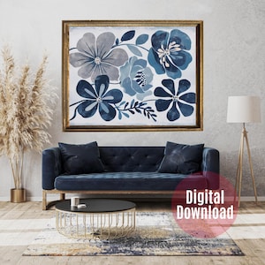 Stampa floreale boho blu, arte floreale astratta, decorazione da parete botanica, arredamento per la casa blu navy, arte stampabile, download immediato