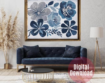 Blue Floral Print: Boho Abstract Flower Wall Art (Digital Download)