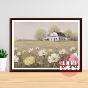 Wildflower Field Vintage Floral Farmhouse Wall Print, Rustic Barn Landscape Painting, Country Cottagecore Decor, Neutral Nature Tones Art